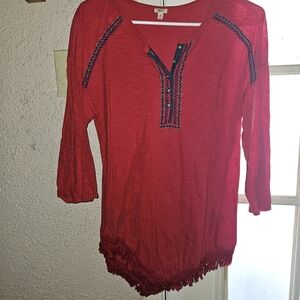 Reba Red Embroidered Henley Tunic with Fringe